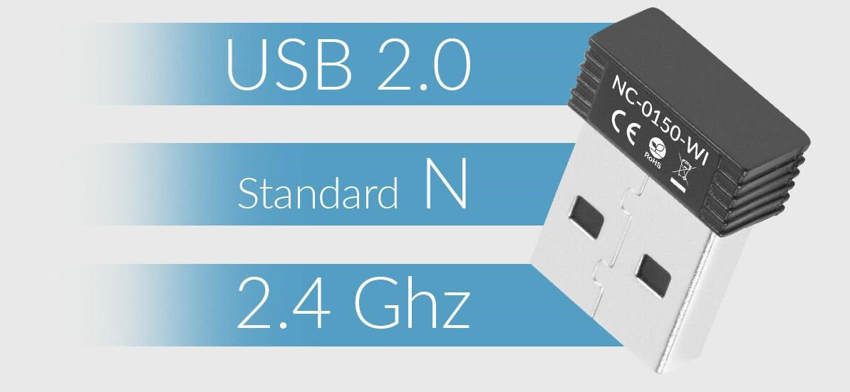 Karta sieciowa LANBERG NC-0150-WI częstotliwość 2,4 GHz transfer danych z prędkością do 150 Mb/s standard sieciowy IEEE 802.11 b/g/n