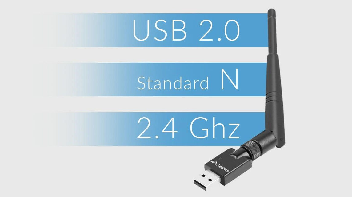 Karta sieciowa LANBERG NC-0150-WE częstotliwość 2,4 GHz transfer danych z prędkością do 150 Mb/s standard sieciowy IEEE 802.11 b/g/n