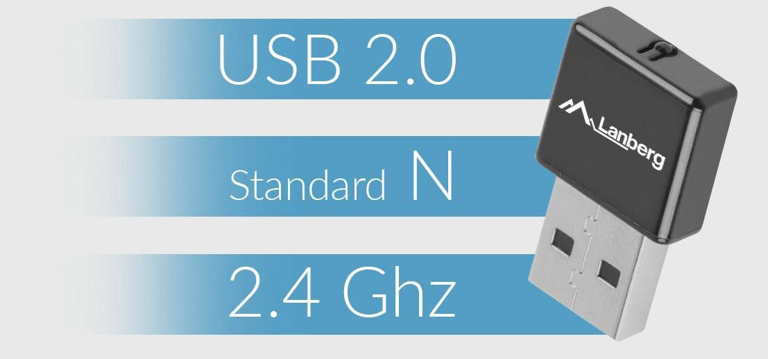 Karta sieciowa LANBERG NC-0300-WI częstotliwość 2,4 GHz transfer danych z prędkością do 150 Mb/s standard sieciowy IEEE 802.11 b/g/n
