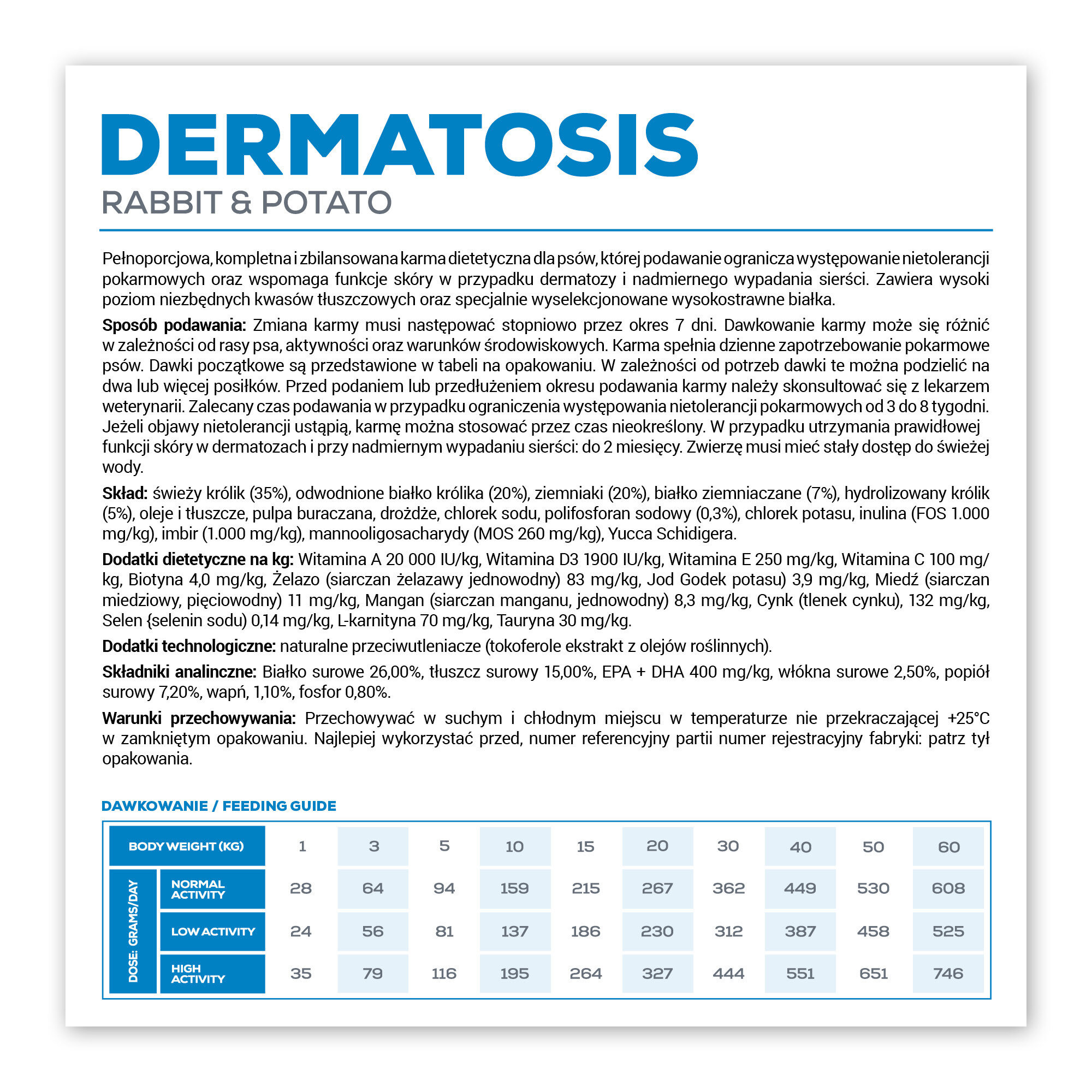 Obraz przedstawia etykietę produktu \'DERMATOSIS RABBIT & POTATO\', który jest pełnoporcjową karmą dietetyczną dla psów. Etykieta zawiera szczegółowe informacje o składzie, sposobie podawania oraz warunkach przechowywania karmy.