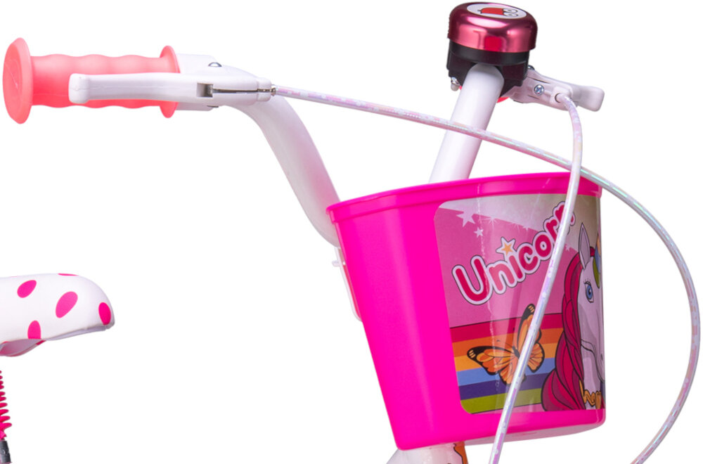 Rower DISNEY Unicorn 14 Biało-różowy dzwonek koszyk fotelik blotniki