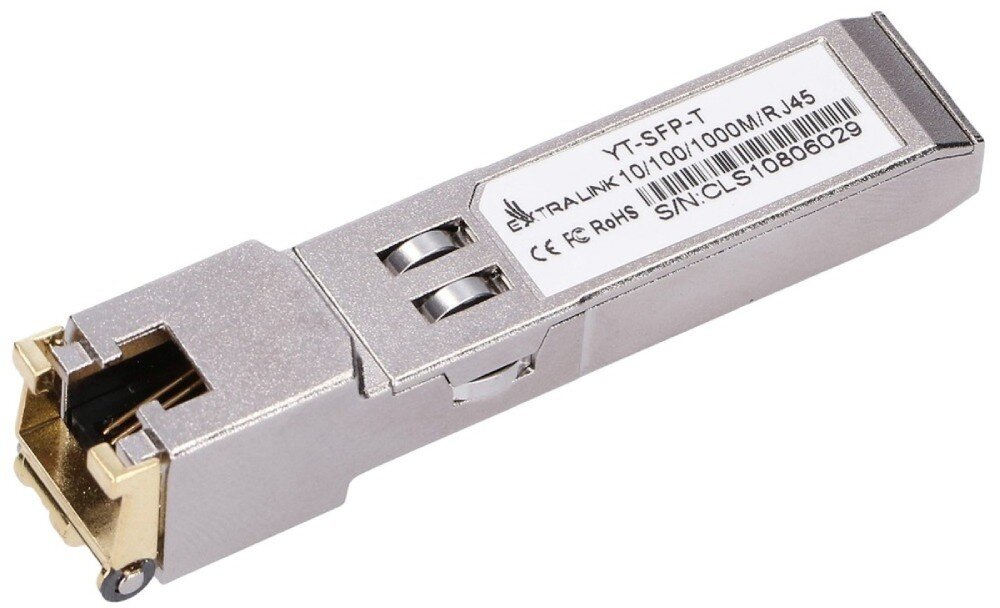 Wkładka SFP EXTRALINK EX.15081 Srebrny metalowy moduł SFP z gniazdem RJ45 na jednym z końców oraz białą etykietą z czarnym nadrukiem 'YT-SFP-T' i informacjami o przepustowości