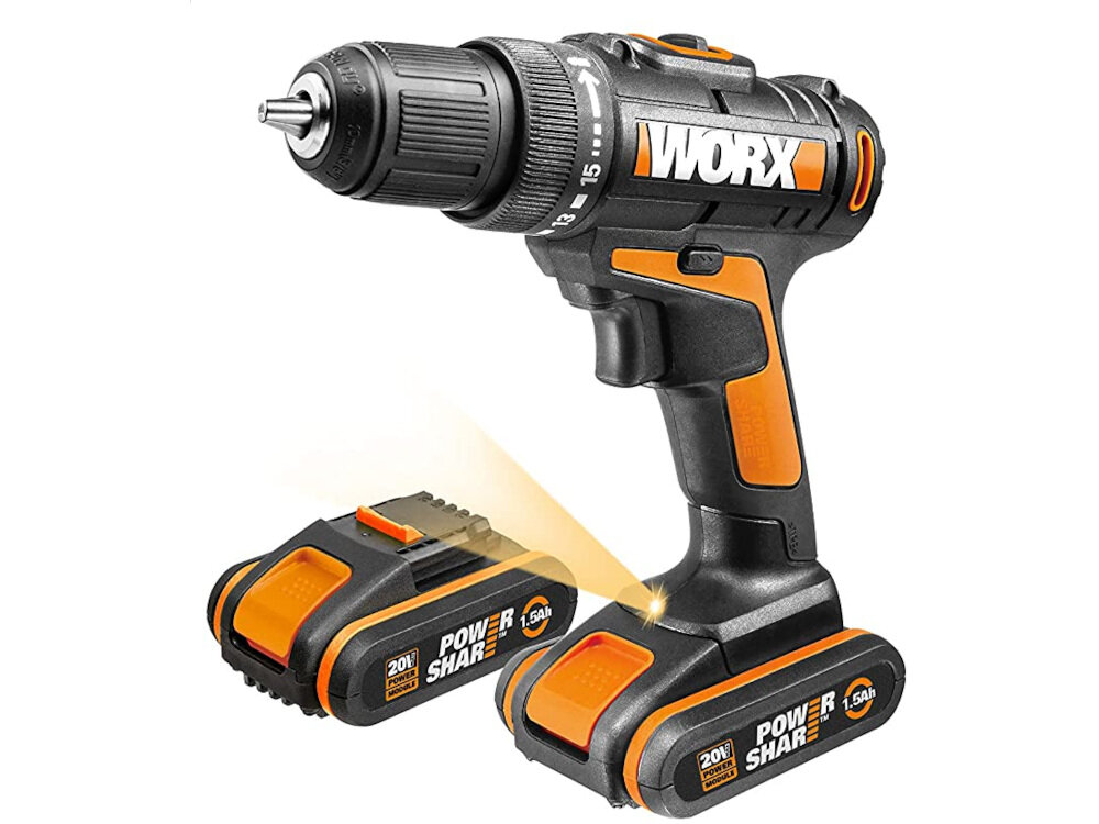 Wiertarko-wkrętarka WORX WX170.6 zasilanie akumulatorowe akumulator Li-Ion napięcie 20 V pojemność 1,5 Ah technologia litowo-jonowa maksymalny moment obrotowy do 30 Nm 15-stopniowe sprzęgło