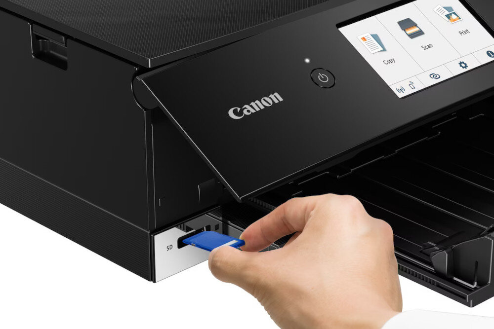 Urządzenie wielofunkcyjne CANON Pixma TS8351 obsługa wyświetlacz łączność Wi-Fi czytnik kart pamięci SD aplikacje oprogramowanie