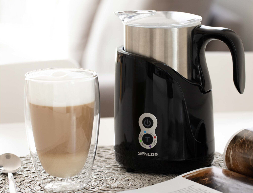 Spieniacz SENCOR SMF 4000BK Cztery tryby automatyczne dopasowanie działanie potrzeby spienianie z podgrzewaniem samo spienianie na zimno samo podgrzewanie tryb do mleka dla dziecka cappuccino, latte, frappé czy ciepłego mleka