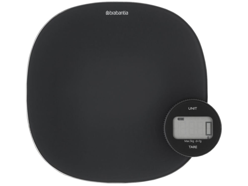 Waga kuchenna BRABANTIA Tasty+ 122880 Ciemnoszary ciemna waga pokrętło wyświetlacz białe tło Szklana powierzchnia wagi odporna na zarysowania łatwa w utrzymaniu czystości antypoślizgowe nóżki system automatycznego włączania i wyłączania trzy baterie AAA dołączone do zestawu funkcjonalność trwałość 
