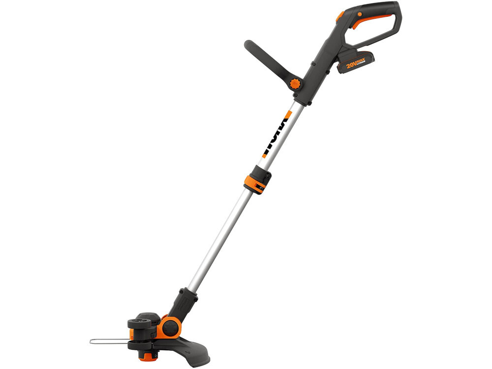 Kosiarka akumulatorowa WORX WG927E + Podkaszarka żyłka tnąca o średnicy 1,65 mm szerokość robocza żyłki do 25 cm zasilana akumulatorem litowo-jonowym o napięciu 20 V składana osłona