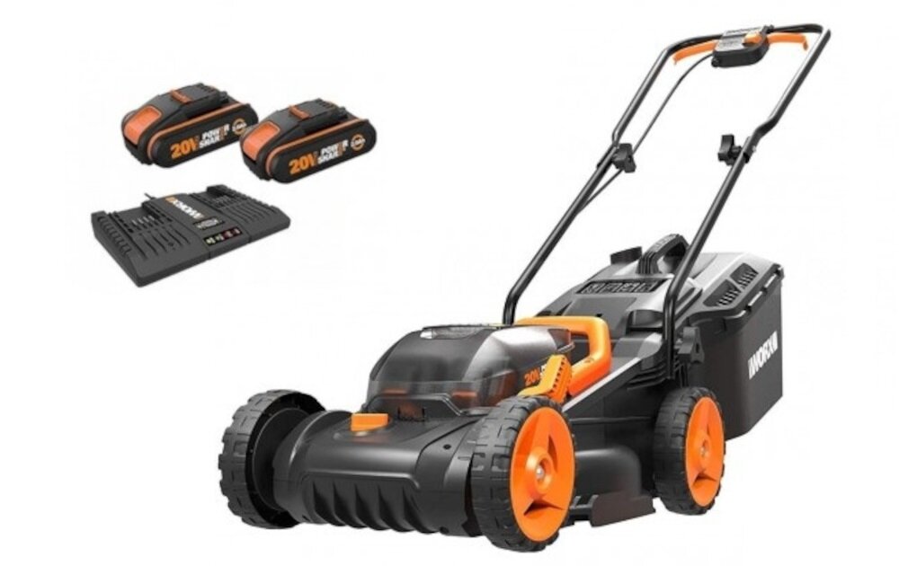 Kosiarka akumulatorowa WORX WG927E + Podkaszarka zasilanie dwa akumulatory Li-Ion o napięciu 20 V pojemność 4 Ah cicha 88 dB ładowarka z podwójnym wejściem jednoczesne ładowanie dwóch baterii wskaźnik naładowania baterii