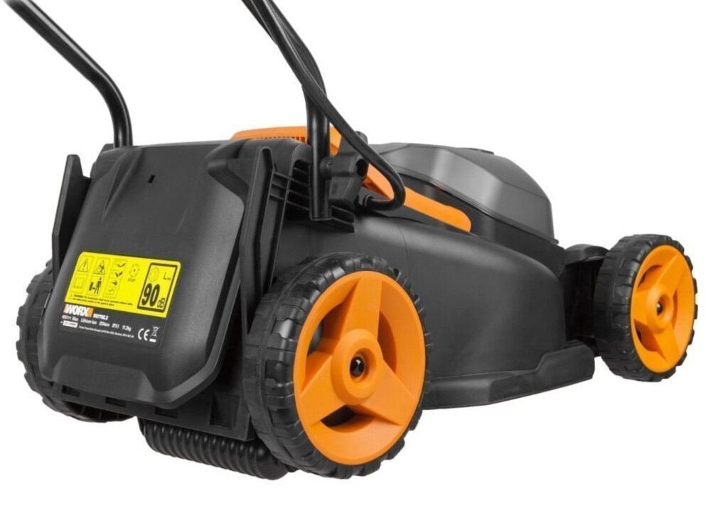 Kosiarka akumulatorowa WORX WG927E + Podkaszarka obrotowy nóż tnący wyprofilowanie noży kształtowanie krawędzi tnących szerokość robocza 34 cm wysokość w zakresie od 20 do 70 mm