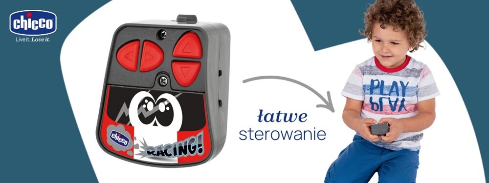 amochód zdalnie sterowany CHICCO Johnny Coupe RC prosty w obsłudze, intuicyjne przyciski, dopasowany do wieku, solidna i bezpieczna konstrukcja