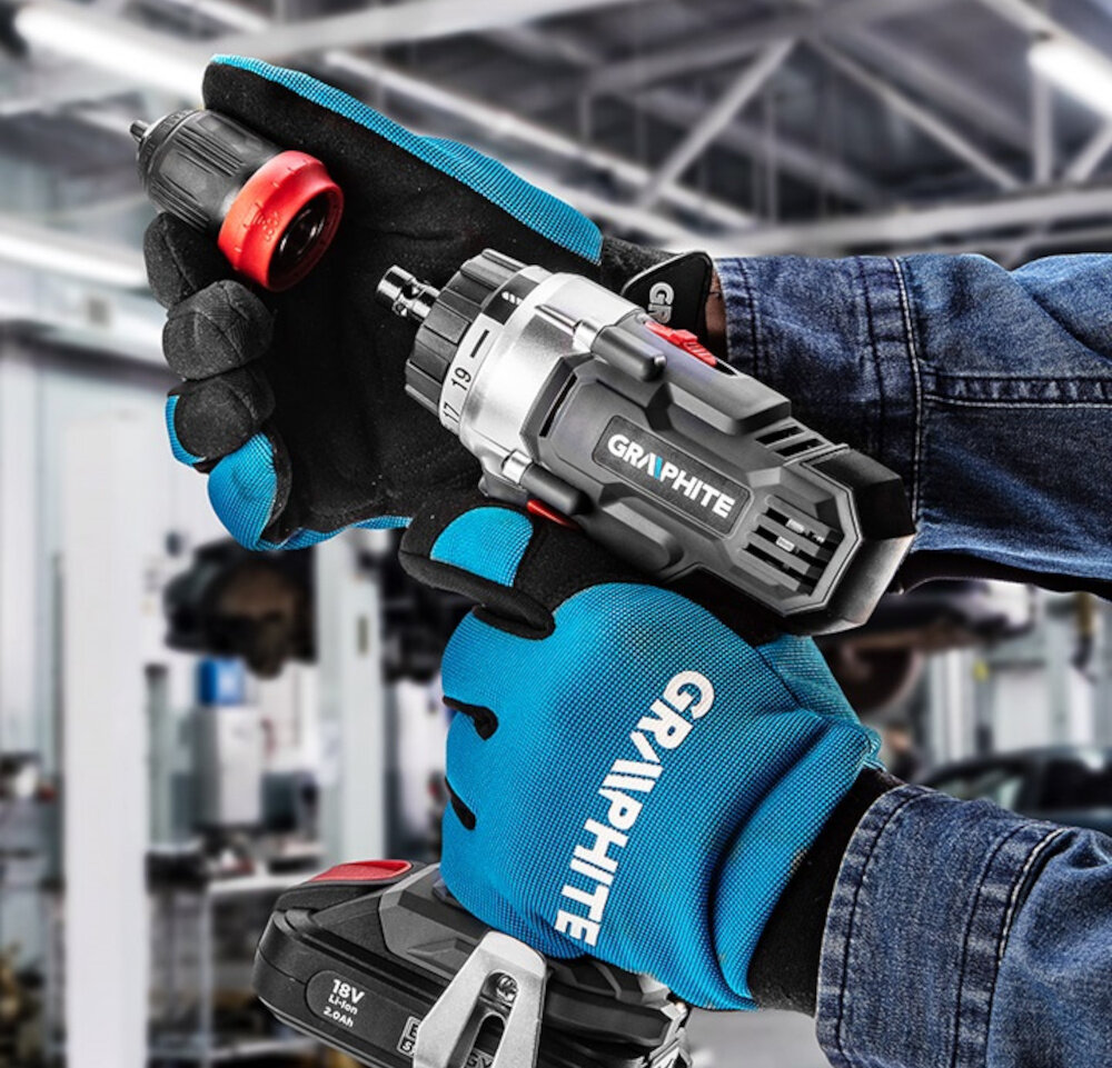 Wiertarko-wkrętarka GRAPHITE 58G022 Energy+ praktyczna funkcjonalna mobilna wygodne uzytkowanie szybka wymiana osprzetu