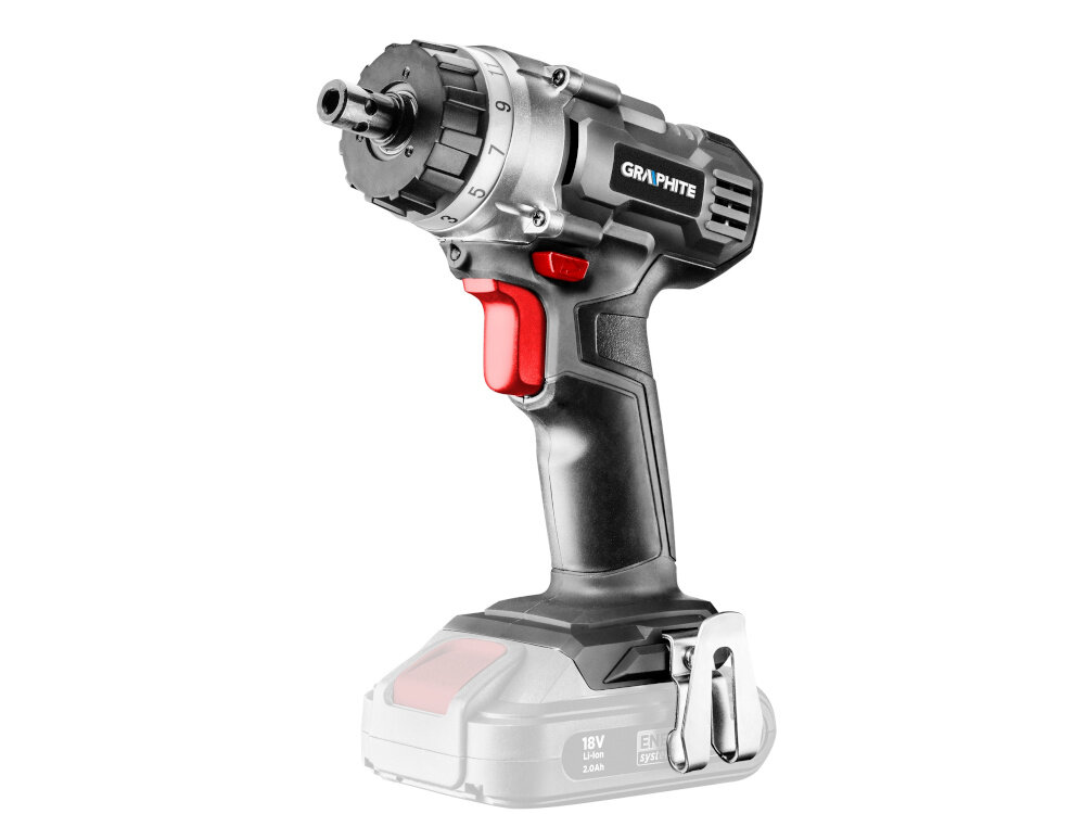 Wiertarko-wkrętarka GRAPHITE 58G022 Energy+ zasilanie akumulatorem Li-Ion 18 V praca w dowolnym miejscu bez ograniczen kabla silnik szczotkowy maksymalne obroty do 1250 obr/min moment obrotowy do 44 Nm