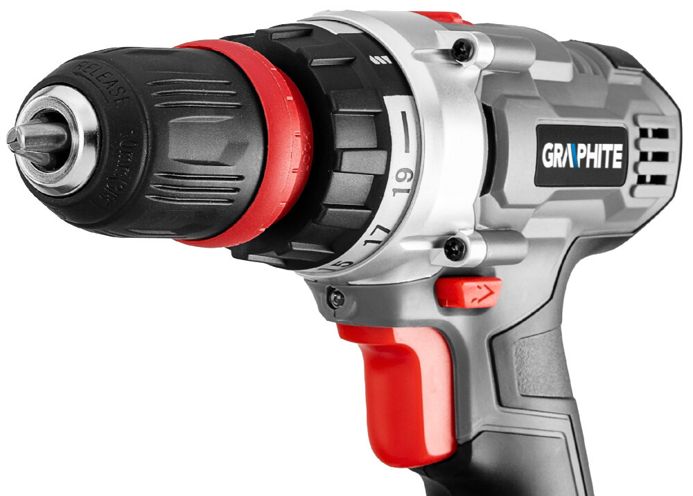Wiertarko-wkrętarka GRAPHITE 58G022 Energy+ hamulec wrzeciona bezpieczenstwo natychmiastowe zatrzymanie obrotow przyspiesza wymiane osprzetu komfort pracy