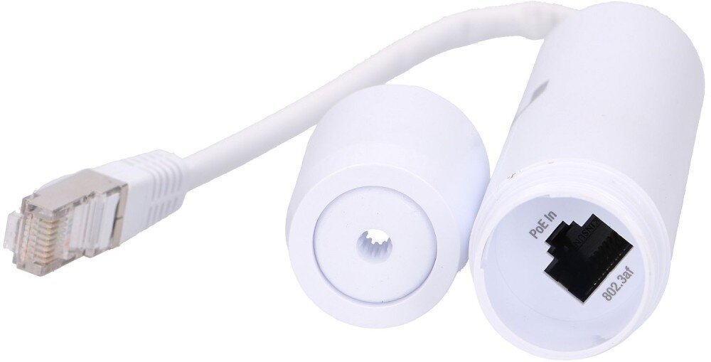 Konwerter UBIQUITI INS-3AF-O-G Białe urządzenie w kształcie tuby z widocznym logo na obudowie i kablem sieciowym wychodzącym z górnej części