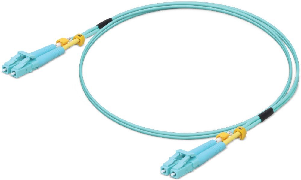 Kabel patchcord UBIQUITI UOC-1 Jasnoniebieski podwójny kabel światłowodowy zwinięty w okrąg z zakończeniami typu LC na obu końcach oznaczonymi żółtymi znacznikami z literą 'A' i 'B'