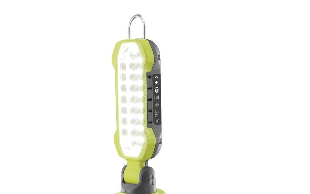 Lampa warsztatowa RYOBI R18ALP-0 3 poziomy natężenia światła maksymalna wartość 900 lumenów umiarkowana moc światlna 600 lumenów najniższy stopień oświetlenia 100 lumenów waga 0,5 kg  zasilana akumulatorem o natężeniu 18 V brak akumulatora w zestawie