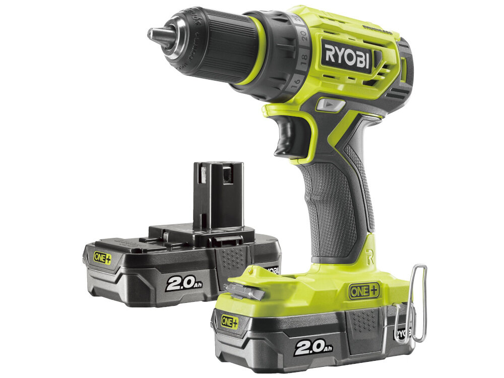 Wiertarko-wkrętarka RYOBI R18DD7-220S zasilanie akumulator Li-Ion o napięciu 18 V technologia bezszczotkowa maksymalny moment obrotowy 60 Nm 24 ustawienia momentu obrotowego
