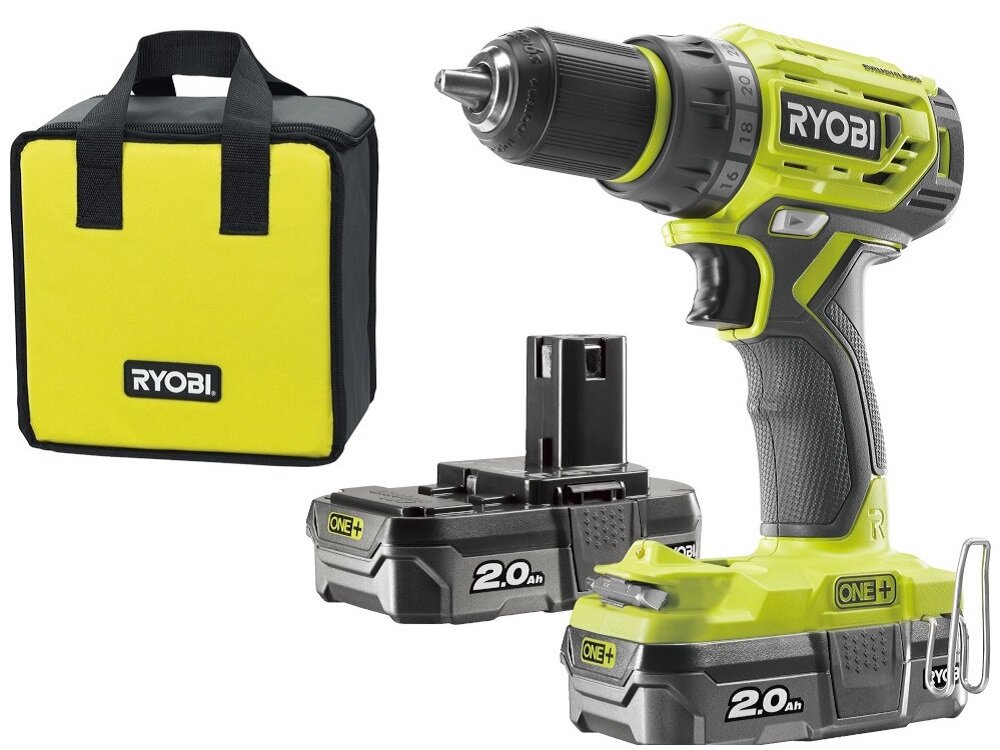 Wiertarko-wkrętarka RYOBI R18DD7-220S torba narzędziowa dwa akumulatory o pojemności 2 Ah każdy ładowarka dwustronny bit