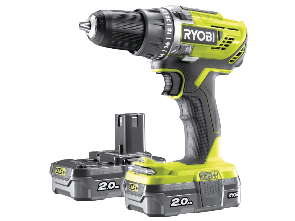 Wiertarko-wkrętarka RYOBI RYOBI R18DD2-220S zasilanie akumulator Li-Ion o napięciu 18 V technologia bezszczotkowa korzysta z opatentowanej elektroniki maksymalny moment obrotowy 40 Nm 24 ustawienina momentu obrotowego w zestawie dwa akumulatory o pojemności 2,0 Ah każdy