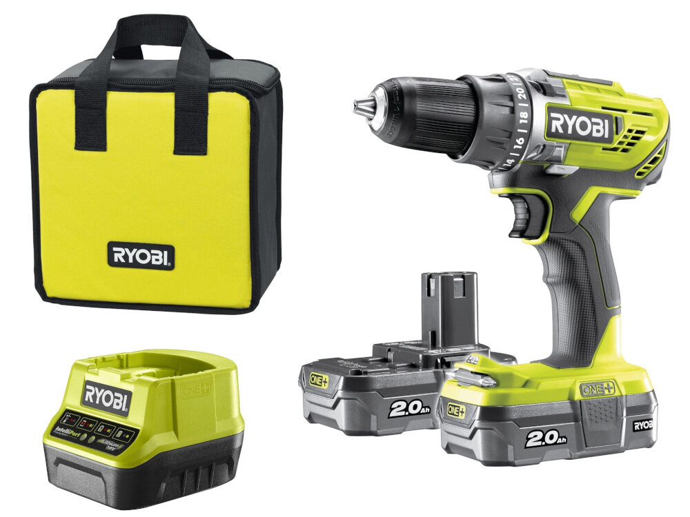 Wiertarko-wkrętarka RYOBI R18DD2-220S w zestawie torba narzędziowa dwa akumulatory ładowarka dwustronny bit