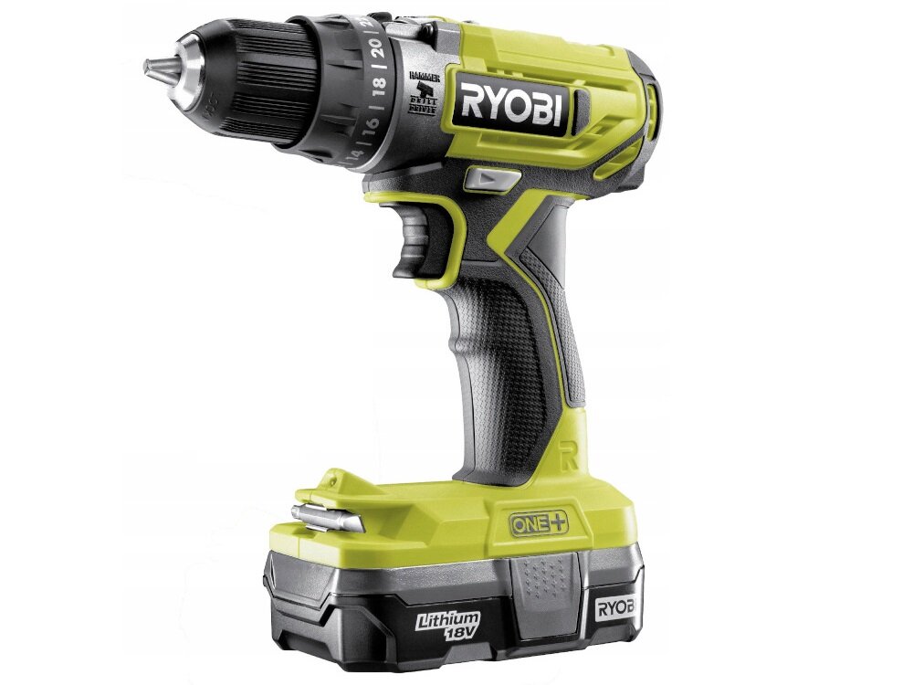 Wiertarko-wkrętarka RYOBI R18PD2-113S zasilana akumulatorem Li-Ion o napięciu 18 V maksymalna prędkość obrotowa do 1350 obr/min liczba udarów 21600 maksymalny moment obrotowy 40 Nm 24 ustawienia momentu obrotowego
