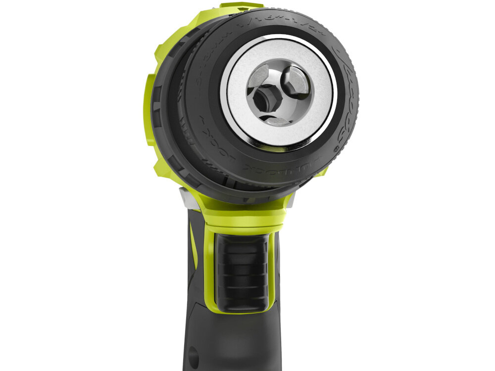 Wiertarko-wkrętarka RYOBI R18DD7-0 metalowy uchwyt bezkluczykowy 13 mm z szybkim mocowaniem sześciokątnym maksymalna średnica wiercenia w drewnie do 38 mm w stali do 13 mm