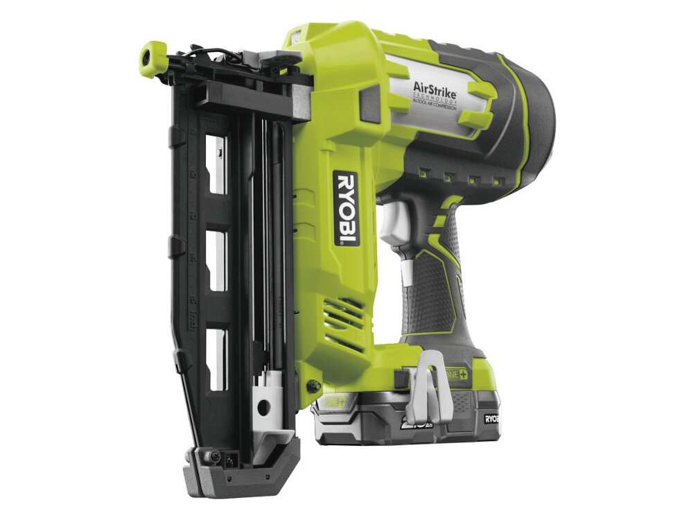Gwoździarka RYOBI R18N16G-120S do łączenia i mocowania gwoździ o długości od 19 do 65 mm cicha praca 94 dB wydajna praca smukła budowa z antypoślizgowym uchwytem zaczep do mocowania z lewej lub prawej strony