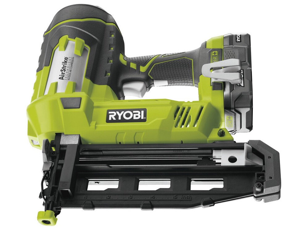 Gwoździarka RYOBI R18N16G-120S zasilane przez akumulator Li-Ion o napięciu 18 V pojemność 2,0 Ah wskaźnik niskiego poziomu gwoździ