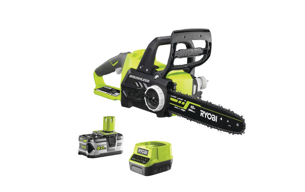 Piła akumulatorowa RYOBI RCS18X3050F ONE+ niesamowita szybkość wydajność pracy prędkość łańcucha 10 m/s długość prowadnicy 30 cm akumulator Li-Ion pojemność 5,0 Ah ładuje się około 120 minut