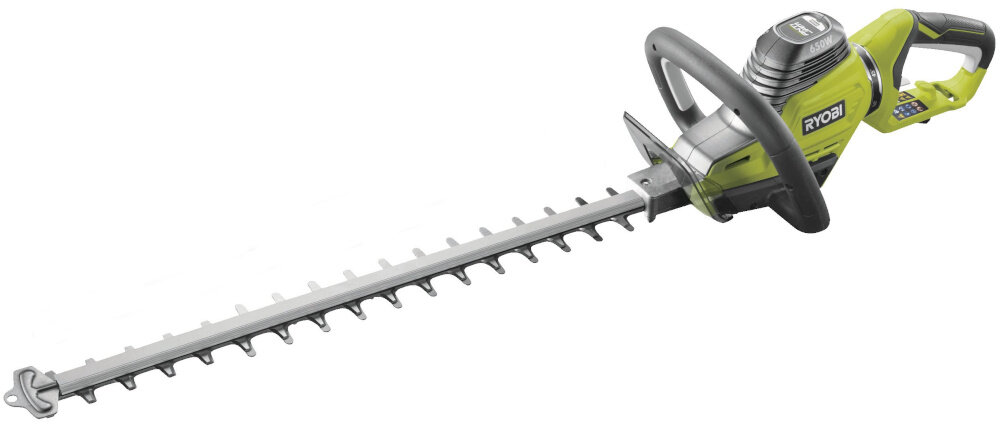 Nożyce do żywopłotu RYOBI RHT6760RL 600mm 0.65kW elektryczne nożyce na białym tle do regularnego przycinania, formowania oraz porządkowania estetycznego wyglądu zieleni zasilanie elektryczne stała moc pracy dobrze wyważona konstrukcja o wadze około 4 kg