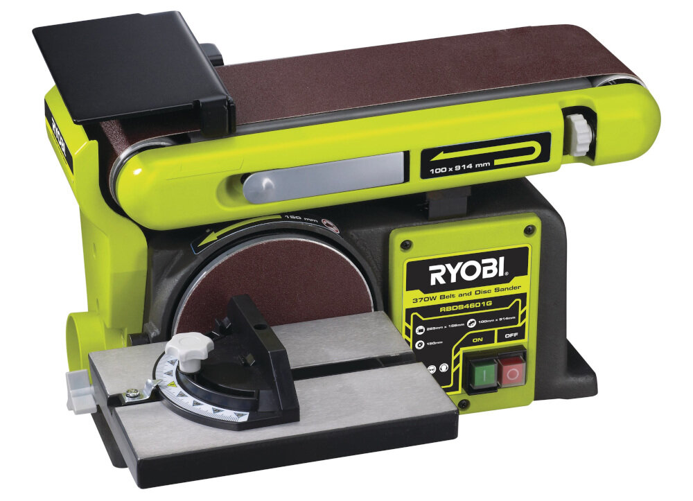 Szlifierka taśmowa RYOBI RBDS4601G zasilana prądem elektrycznym silnik o mocy 375 W w pracach o małym i średnim natężeniu maksymalny momen obrotowy do 2850 Nm maksymalna prędkość obrotowa bez obciążenia do 450 obr/min