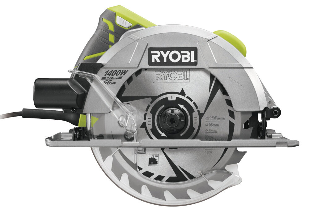 Pilarka tarczowa RYOBI RCS1400-G silnik o mocy 1400 W maksymalna prędkość obrotowa do 5000 obr/min model bez akumulatora i ładowarki