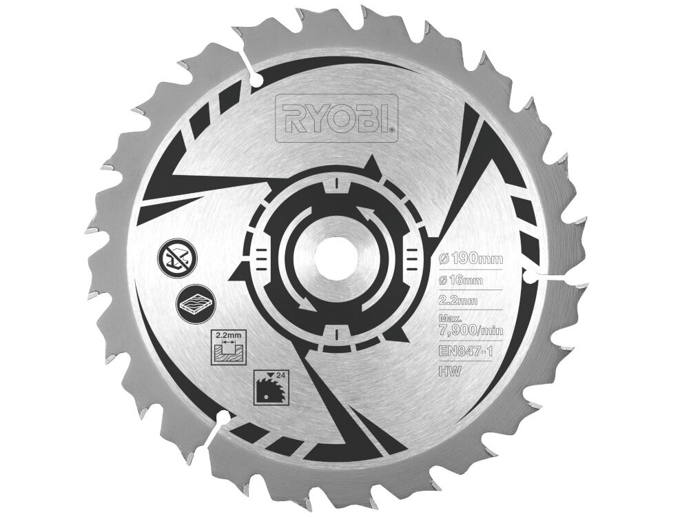 Pilarka tarczowa RYOBI RCS1600-K tarcza tnąca z 24 zębami średnicy 190 mm średnica otworu tarczy 16 mm ze spiekanych węglików niewielka masa 3,7 kg poziom mocy akustycznej 107 dB