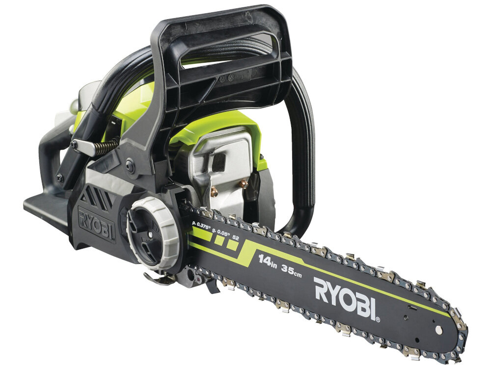 Pilarka spalinowa RYOBI RCS3835T niezawodna przy większej wydajności przyjazna otaczającemu środowisku waga 4,6 kg kolor czarno-zielony w wyposażeniu klucz olej do łańcucha i prowadnicy olej do silników 2-suwowych