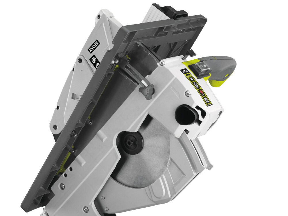 Piła ukosowa RYOBI RTMS1800-G technologia Exactline Laser Technolog wbudowany laser tarcza tnąca średnica 254 mm głębokość cięcia pod kątem 90 stopni 70 mm wysoka żywotność ostrza