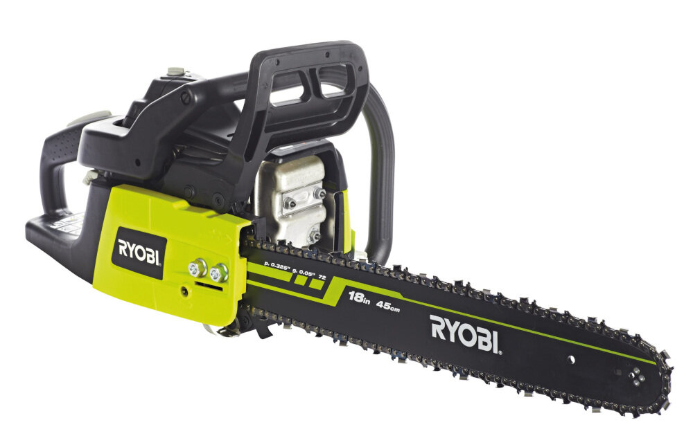 Pilarka spalinowa RYOBI RCS5145B niezawodna przy większej wydajności przyjazna otaczającemu środowisku waga 5,3 kg kolor czarno-zielony w wyposażeniu klucz olej do smarowania olej do silników 2-suwowych