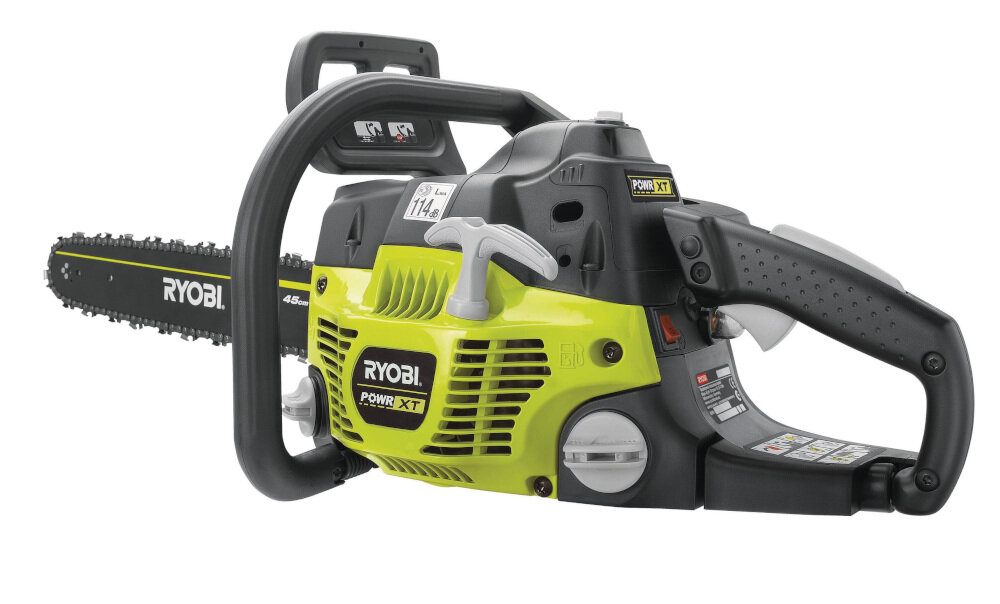 Pilarka spalinowa RYOBI RCS3835T 2-suwowy silnik spalinowy POWR XT moc 2,7 KM pojemność 51 cm3 poziom głośności akustycznej 108,9 dB przyjazna środowisku niemal 46,1% niższa emisja dwutlenku węgla od dopuszczalnych granic