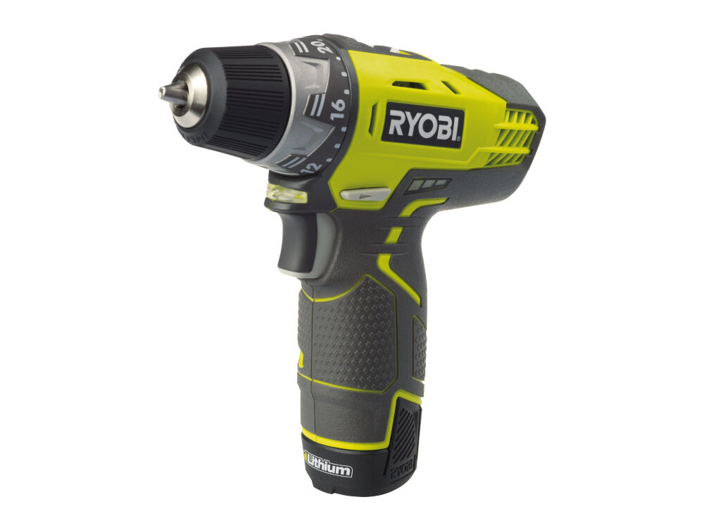 Wiertarko-wkrętarka RYOBI R12DD-LL13S elektronarzędzie ze świetnymi parametrami technicznymi solidne niezawodne do pracy w drewnie i stali wkręcanie i wykręcanie wkrętów niewielka masa 1 kg z akumulatorem poziom mocy akustycznej 78 dB