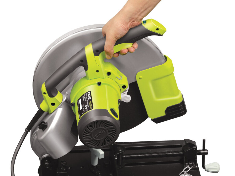 Przecinarka RYOBI ECO2335HG ergonomiczna rękojeść typu GripZone antypoślizgowa powłoka funkcjonale rozwiązania nastawialny zacisk mocujący nadwymiarowa osłona blokada wrzeciona