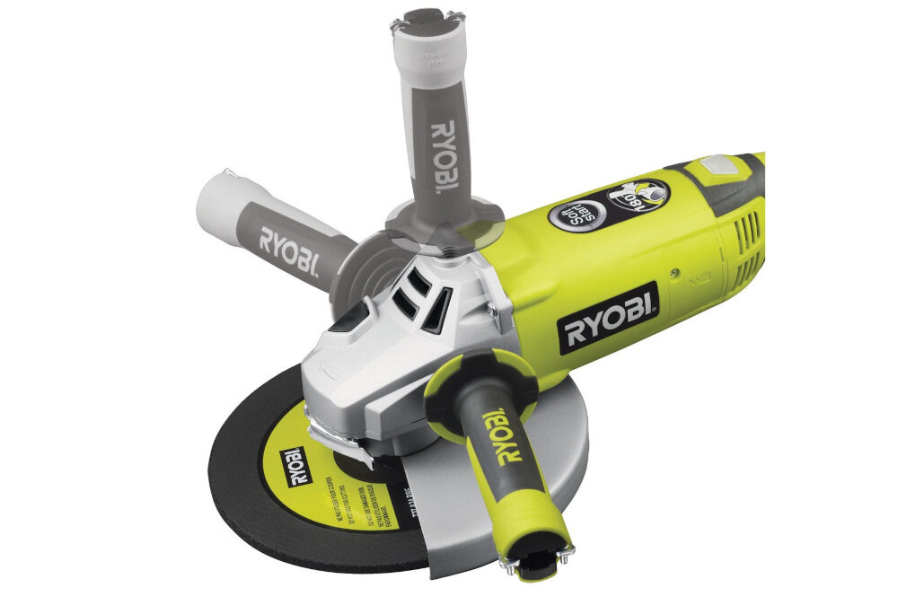 Szlifierka kątowa RYOBI EAG2000RS współpracuje z tarczą o średnicy 230 mm otwór tarczy 22 mm boczna rączka obracana o 180 stopni osłona tarczy regulowana osłona z blokadą trzpienia