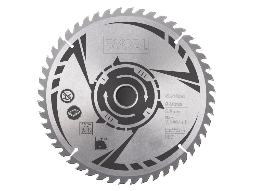 Tarcza RYOBI SB254T48A1 tarcza tnąca do cięcia drewna pasuj do modeli EMS254L, RTS1800 i RTMS1800 marki RYOBI 48 zębów maksymalna prędkość obrotowa do 7000 obr/min szybkie cięcie dokładniejsze wykończenie miejsca roboczego