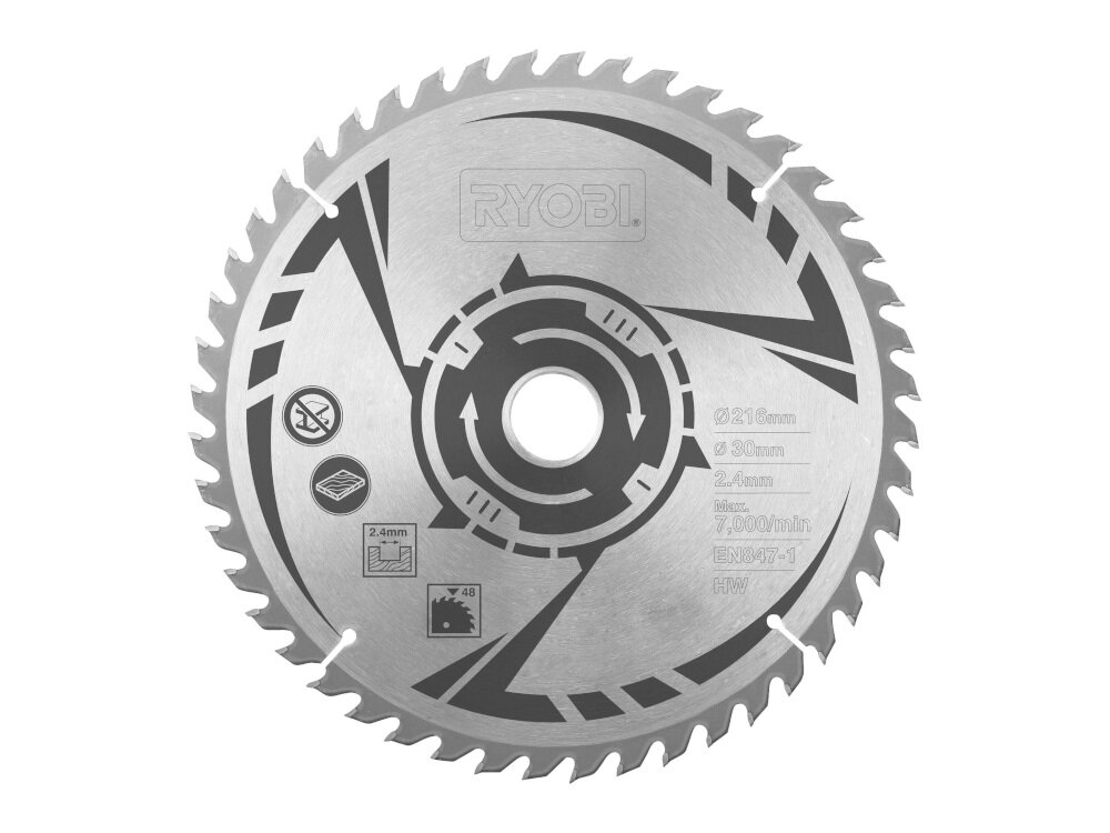 Tarcza RYOBI SB216T48A1 tarcza tnąca do cięcia drewna pasuj do modeli EMS216L marki RYOBI 48 zębów maksymalna prędkość obrotowa do 7000 obr/min szybkie cięcie dokładniejsze wykończenie miejsca roboczego