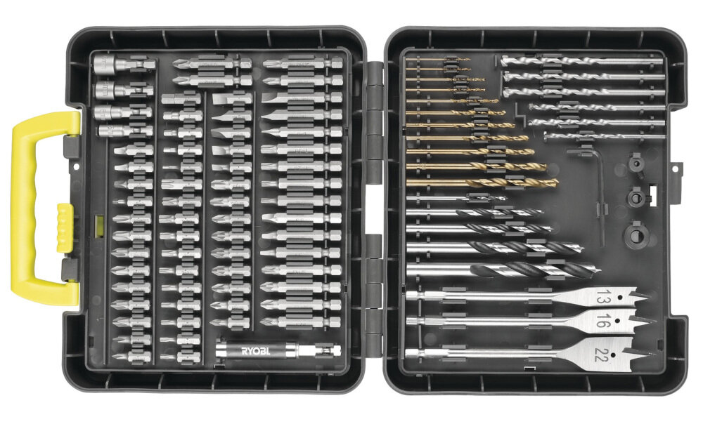 Zestaw wierteł RYOBI RAK95DDF 95-elementowy zestaw wierteł do wiertarek z wysokiej jakości stali narzędziowej akcesoria do wszystkich zadań związanych z wkręcaniem w drewno metal i tworzywa sztuczne wierceniem w murze nasadowe nakrętki śruby łączniki z łbem sześciokątnym walizka