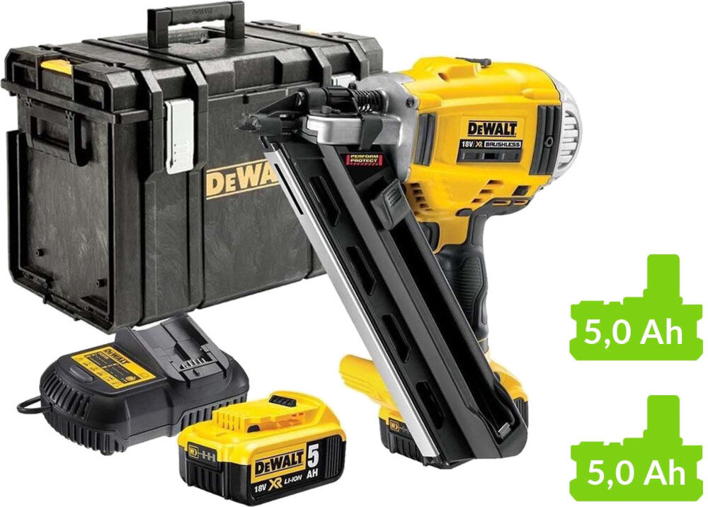 Gwoździarka DEWALT DCN692P2 w zestawie kufer transportowy z serii TOUGH SYSTEM dwa akumulatorową 5,0 Ah ładowarka wielonapięciowa XR nakładka odwracalny hak na pasek