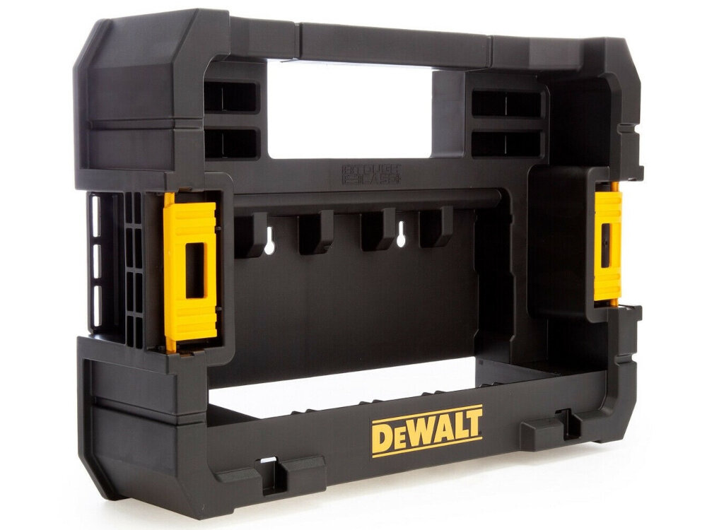 Organizer DEWALT DT70716 TSTAK organizer na białym tle widoczny od przodu pod skosem do przechowywania akcesoriów i małych elementów porządek w miejscu pracy modułowa konstrukcja poprawia organizację pracy