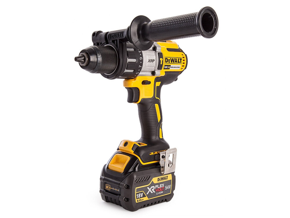 Wiertarko-wkrętarka DEWALT DCD996T2 solidny uchwyt nieduza konstrukcja do uzytkowania w profesjonalnych warsztatach w warunkach domowych ergonomiczna rekojesc pokryta antyposlizgowym tworzywem udoskonalona konstrukcja uchwytu