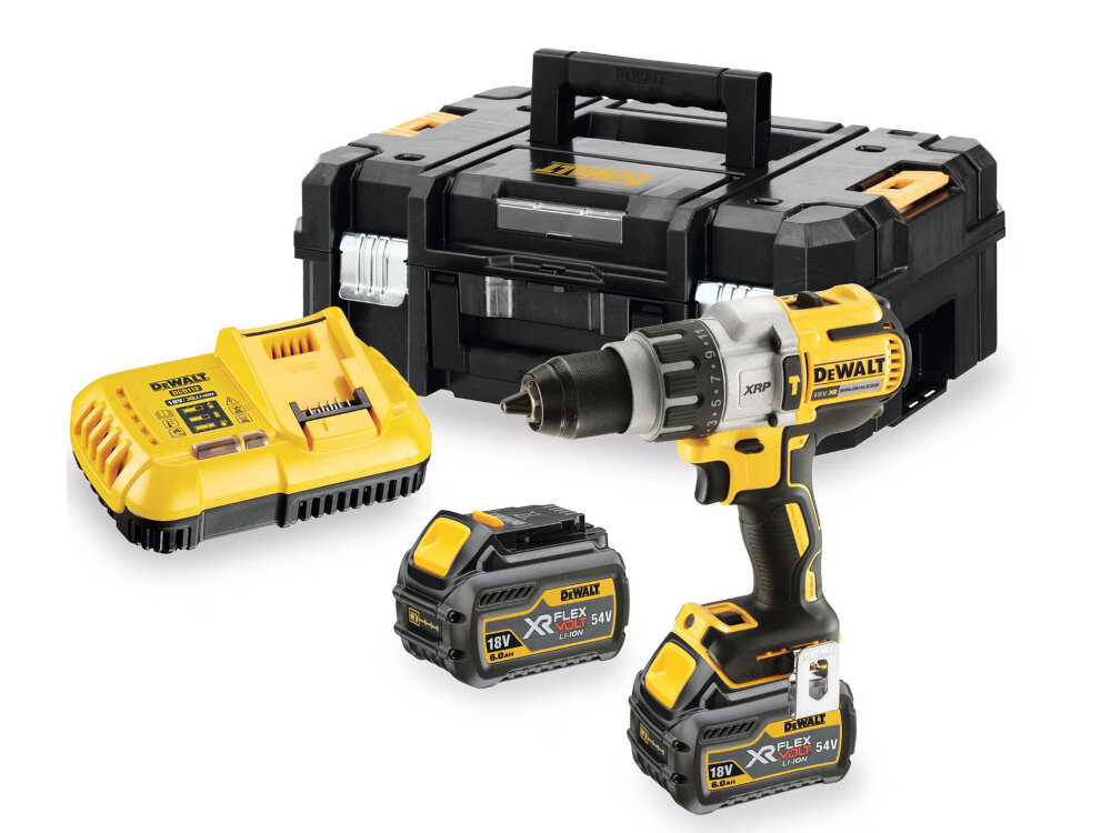 Wiertarko-wkrętarka DEWALT DCD996T2 w zestawie 2 akumulatory ladowarka zaczep do paska uchwyt magnetyczny dodatkowy uchwyt boczny walizka instrukcja obslugi w jezyku polskim karta gwarancyjna
