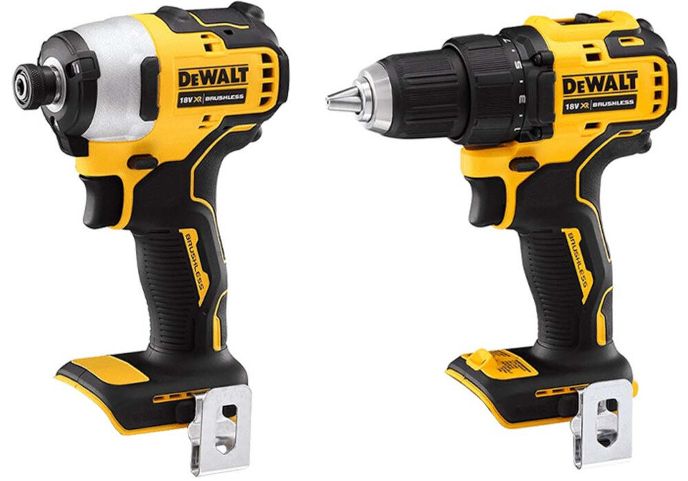 Zestaw Combo DEWALT DCK2062S2T komplet elektronarzędzi wiertarko-wkrętarka DCD709 zakrętarka DCF809 zasilane akumulatorem wydajność niezawodność komfort pracy niezależność od zasilania sieciowego