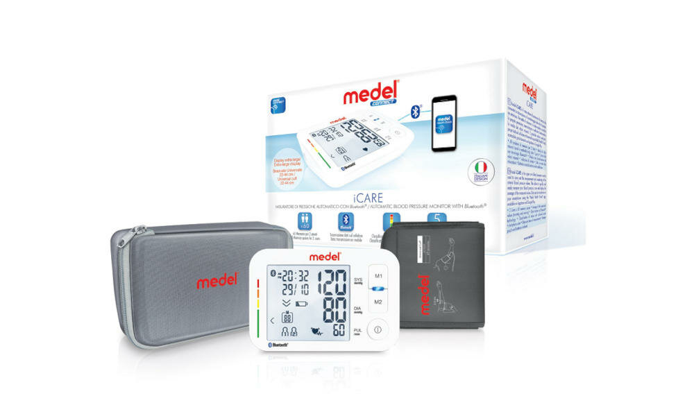 MEDEL-iCare ciśnieniomierz zestaw urządzenie baterie mankiet etui instrukcja karta obsługi