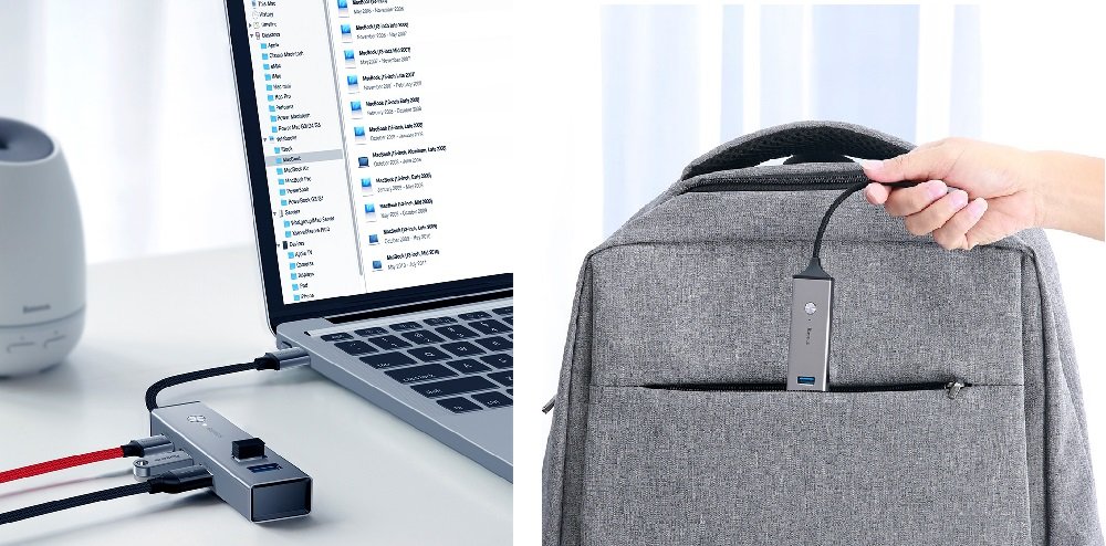 Hub BASEUS Cahub-Dog 5w1 widok kompaktowy rozmiar plecak laptop